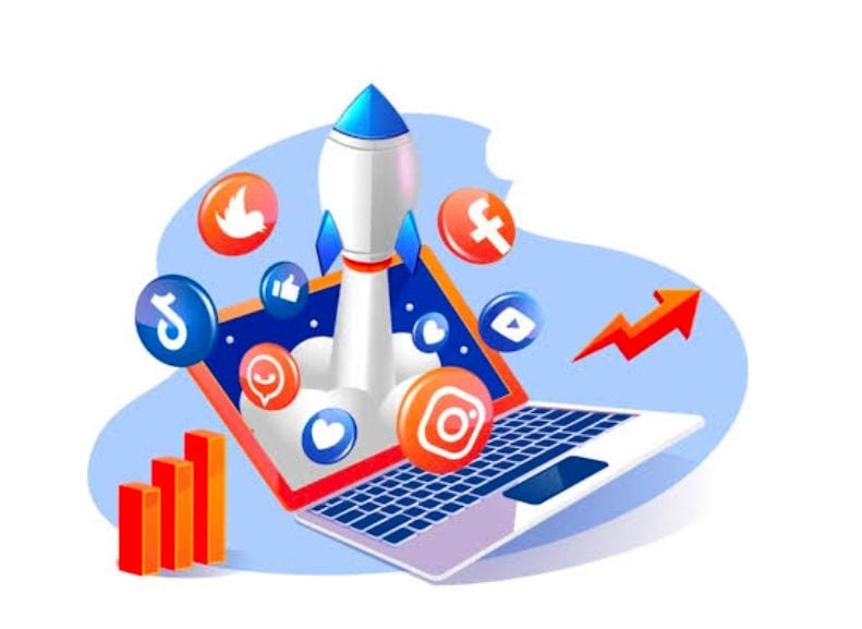 digital marketing A vibrant digital marketing concept illustration featuring a rocket launching from a laptop, symbolizing growth and success. Various social media icons, including Facebook, Instagram, TikTok, and YouTube, surround the rocket, representing online marketing strategies. A rising red arrow and bar chart indicate increasing engagement and business growth. Ideal representation for a freelance digital marketer in Thrissur, helping businesses scale through social media marketing